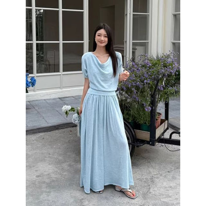 Set: Short-Sleeve Cowl Neck Plain Knit Top + Mid Rise Maxi A-Line Skirt