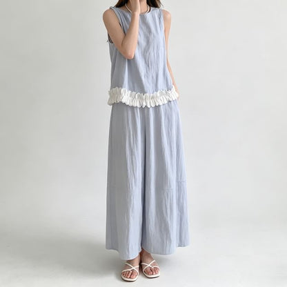 Set: Sleeveless Round Neck Plain Ruffle Trim Top + Mid Rise Maxi A-Line Skirt