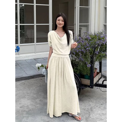 Set: Short-Sleeve Cowl Neck Plain Knit Top + Mid Rise Maxi A-Line Skirt