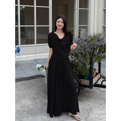 Set: Short-Sleeve Cowl Neck Plain Knit Top + Mid Rise Maxi A-Line Skirt
