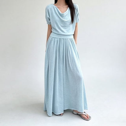 Set: Short-Sleeve Cowl Neck Plain Knit Top + Mid Rise Maxi A-Line Skirt