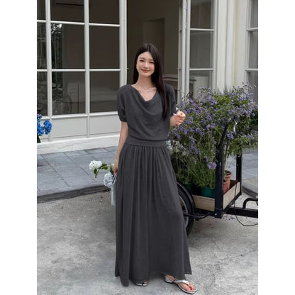 Set: Short-Sleeve Cowl Neck Plain Knit Top + Mid Rise Maxi A-Line Skirt