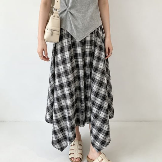 Mid Rise Tartan Check Asymmetrical Midi A-Line Skirt