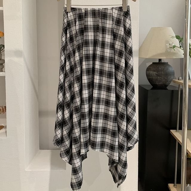 Mid Rise Tartan Check Asymmetrical Midi A-Line Skirt