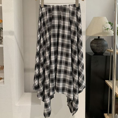 Mid Rise Tartan Check Asymmetrical Midi A-Line Skirt