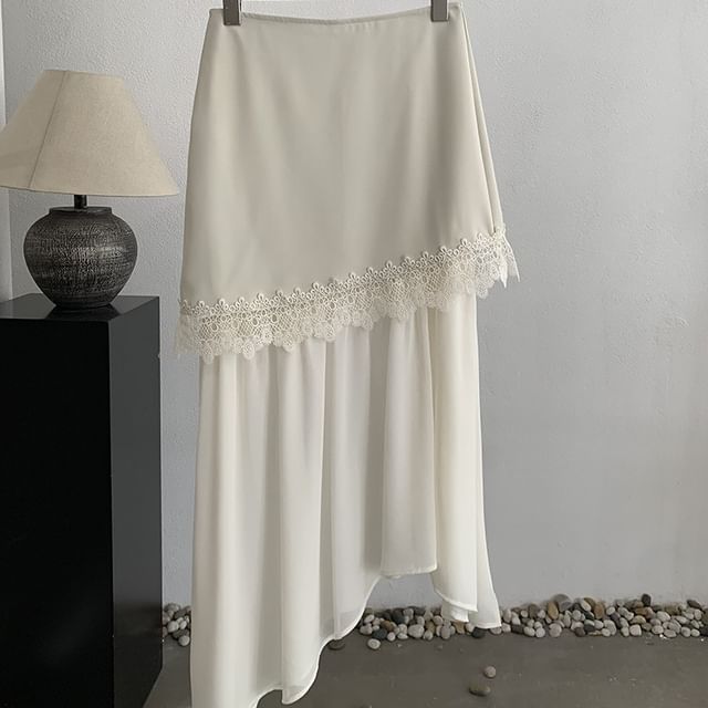 High Waist Plain Lace Trim Asymmetrical Midi A-Line Skirt