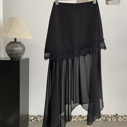 High Waist Plain Lace Trim Asymmetrical Midi A-Line Skirt