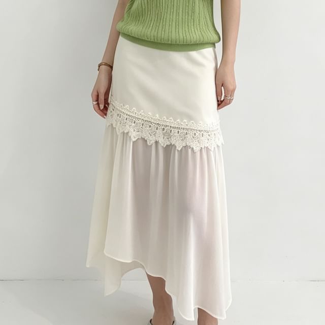 High Waist Plain Lace Trim Asymmetrical Midi A-Line Skirt