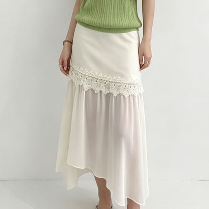 High Waist Plain Lace Trim Asymmetrical Midi A-Line Skirt