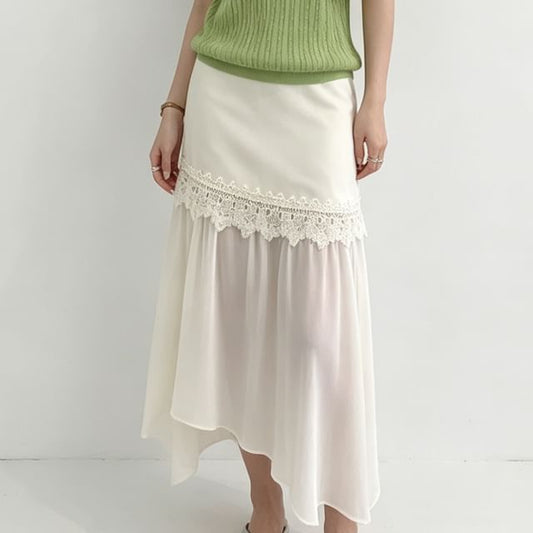 High Waist Plain Lace Trim Asymmetrical Midi A-Line Skirt