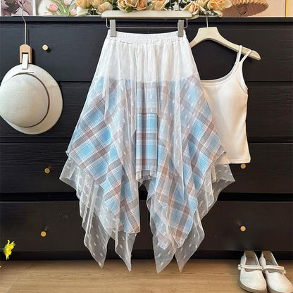 Elastic Waist Plaid Asymmetrical Lace Overlay A-Line Skirt (Various Designs)
