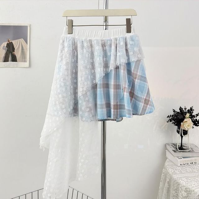 Elastic Waist Plaid Asymmetrical Lace Overlay A-Line Skirt (Various Designs)