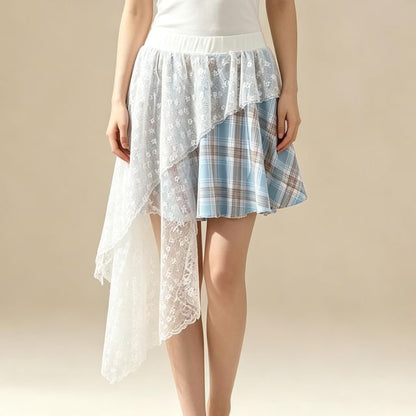 Elastic Waist Plaid Asymmetrical Lace Overlay A-Line Skirt (Various Designs)