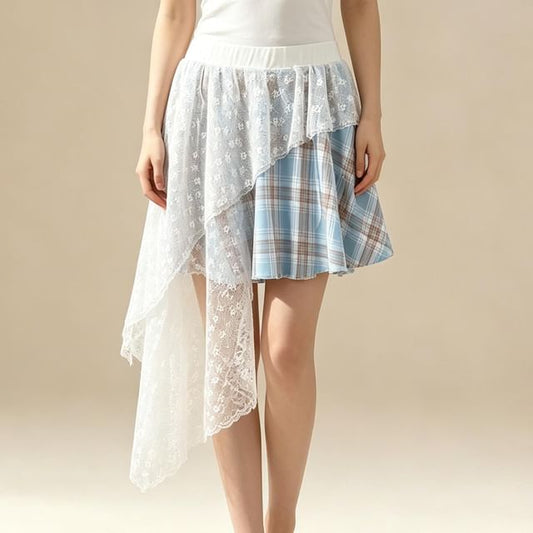 Elastic Waist Plaid Asymmetrical Lace Overlay A-Line Skirt (Various Designs)