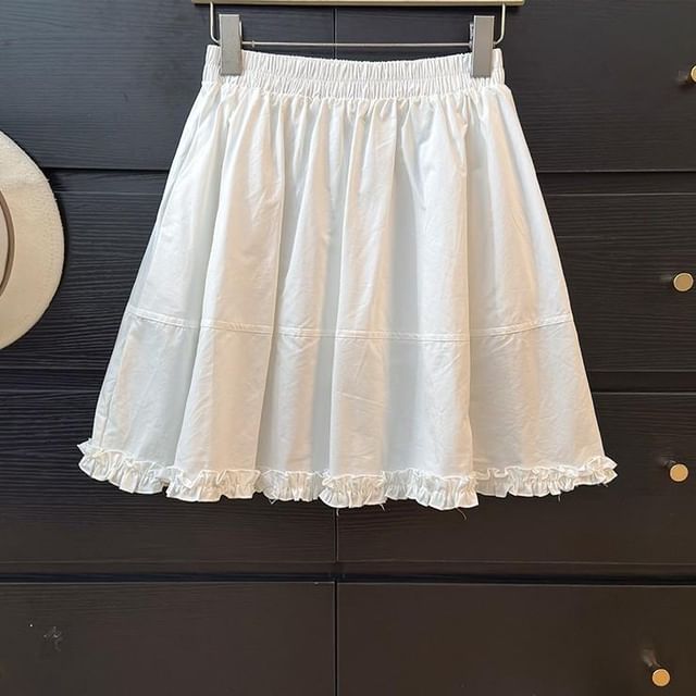 Elastic Waist Plain Frill Panel Mini A-Line Skirt