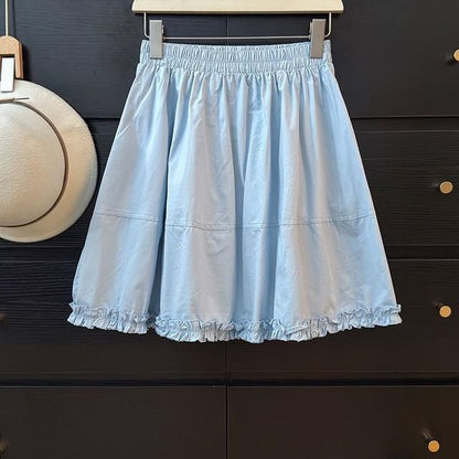 Elastic Waist Plain Frill Panel Mini A-Line Skirt