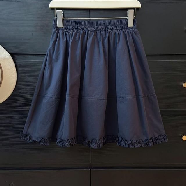 Elastic Waist Plain Frill Panel Mini A-Line Skirt