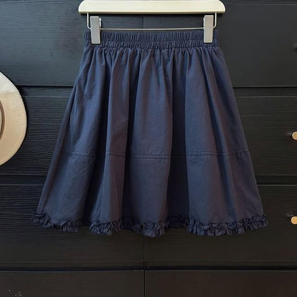 Elastic Waist Plain Frill Panel Mini A-Line Skirt