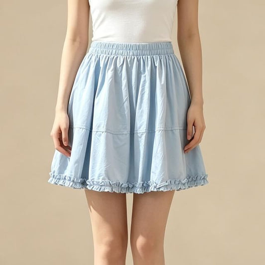 Elastic Waist Plain Frill Panel Mini A-Line Skirt