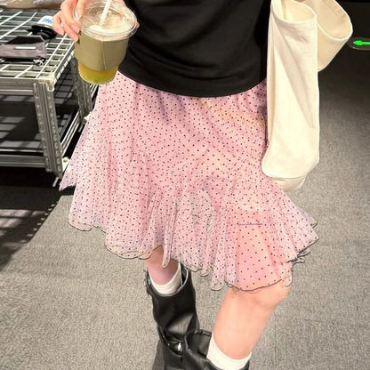 Mid Rise Polka Dot Mesh A-Line Skirt