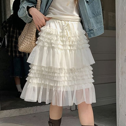 Mid Rise Plain Mesh Panel Midi A-Line Skirt