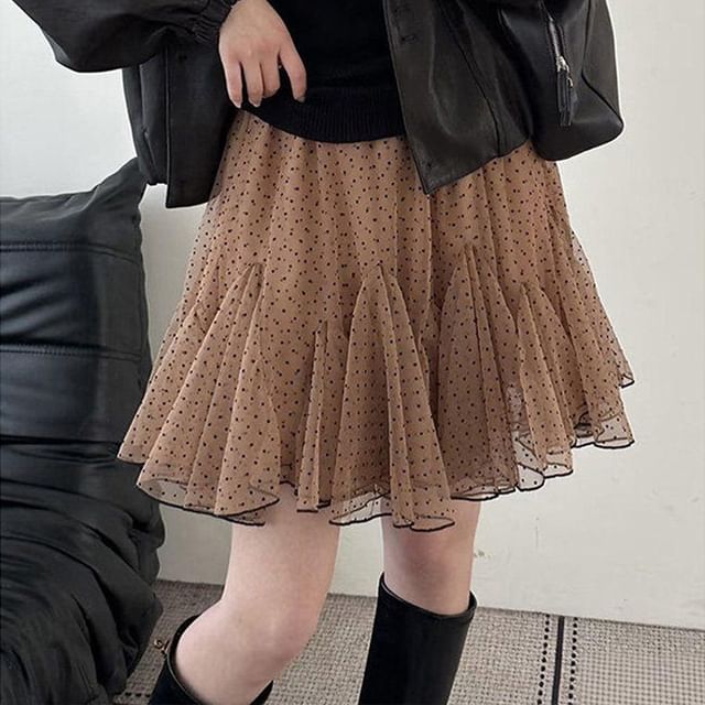 Mid Rise Polka Dot Mesh A-Line Skirt