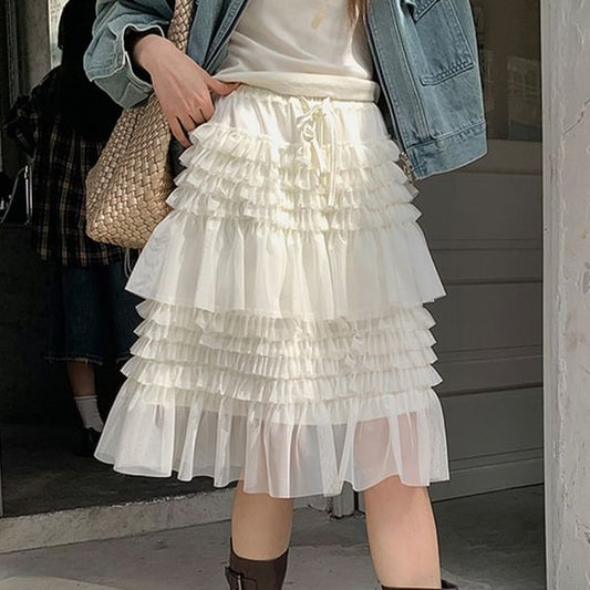 Mid Rise Plain Mesh Panel Midi A-Line Skirt