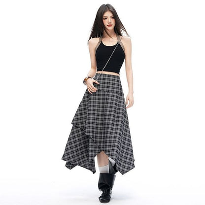 High Waist Plain Asymmetrical Midi A-Line Skirt
