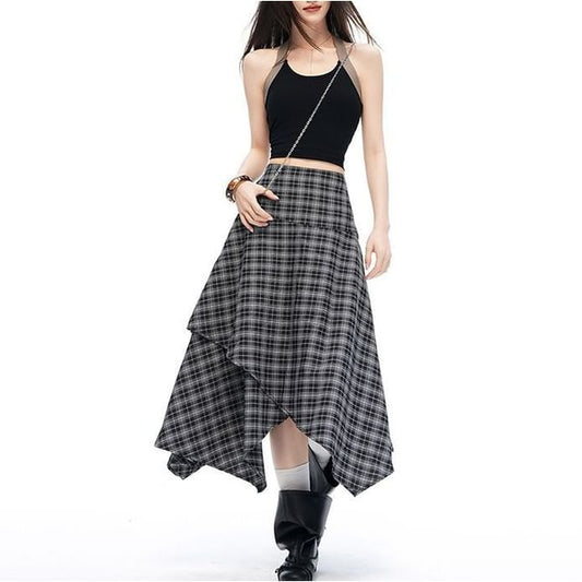 High Waist Plain Asymmetrical Midi A-Line Skirt