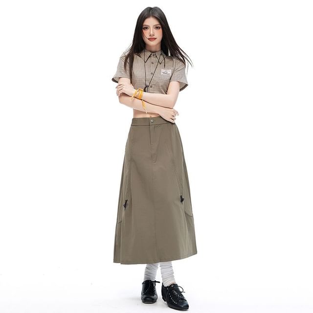 High Waist Plain Drawstring Midi A-Line Skirt
