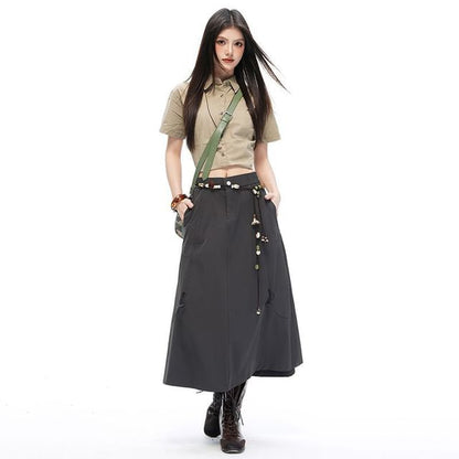 High Waist Plain Drawstring Midi A-Line Skirt