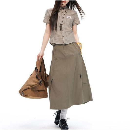 High Waist Plain Drawstring Midi A-Line Skirt