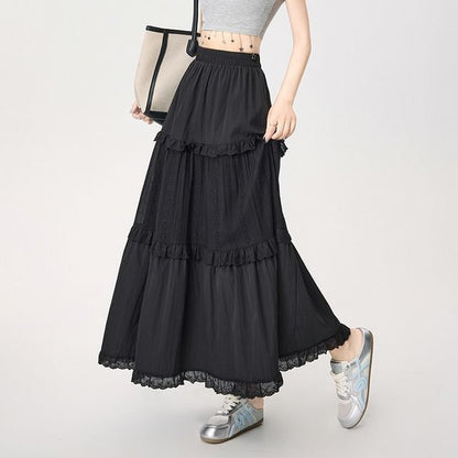 High Waist Plain Lace Trim Tiered Maxi A-Line Skirt
