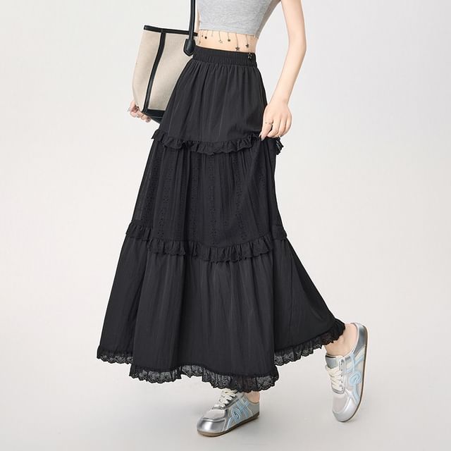 High Waist Plain Lace Trim Tiered Maxi A-Line Skirt