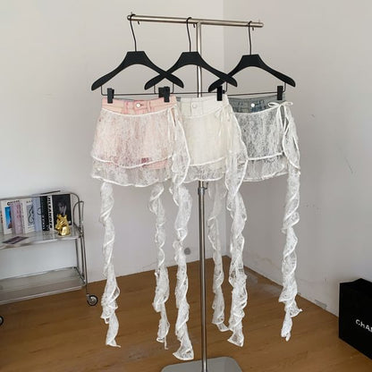 High Waist Skirt Overlay Panel Lace Denim Shorts