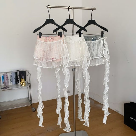 High Waist Skirt Overlay Panel Lace Denim Shorts