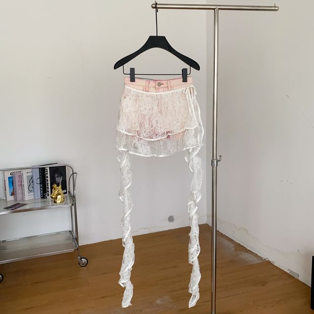 High Waist Skirt Overlay Panel Lace Denim Shorts