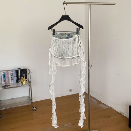 High Waist Skirt Overlay Panel Lace Denim Shorts