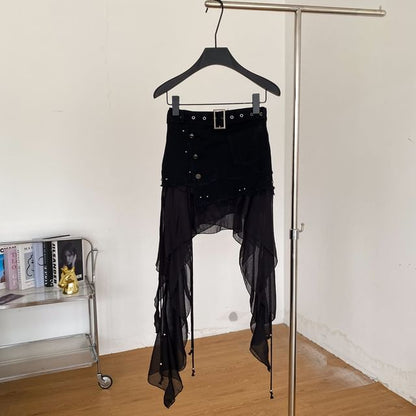 High Waist Ruffle Fray Studded Belted Panel Mesh Mini A-Line Skirt