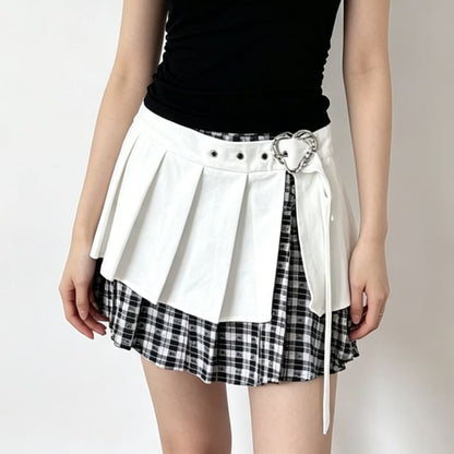 Low Waist Plaid Panel Mini Pleated Skirt