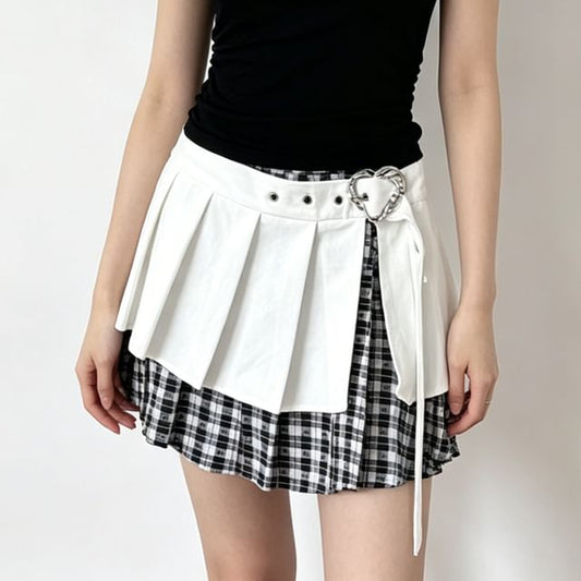 Low Waist Plaid Panel Mini Pleated Skirt