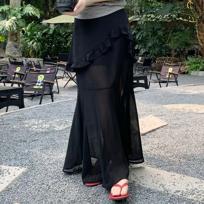 High Waist Ruffle Side-Slit Maxi A-Line Skirt