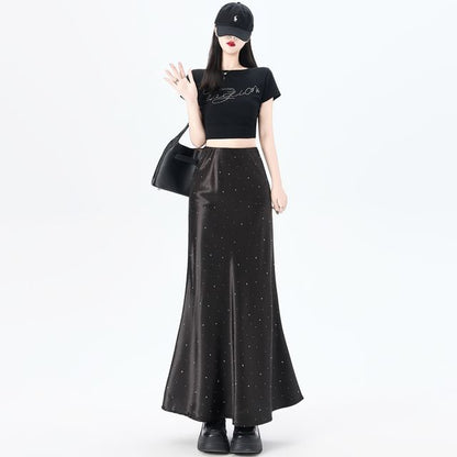 High Waist Rhinestone Mermaid Maxi Skirt