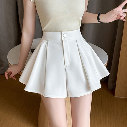 High Waist Button Pleated Plain Flared Mini Skirt