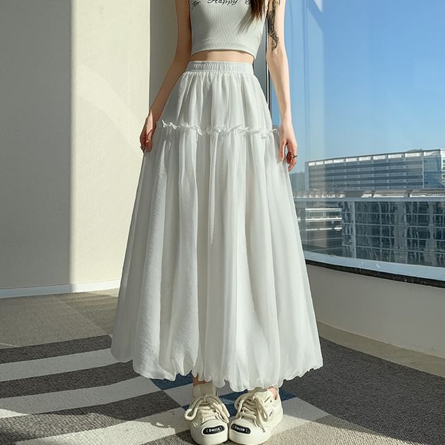 Elastic Waist Plain Ruffle Trim Maxi A-Line Skirt
