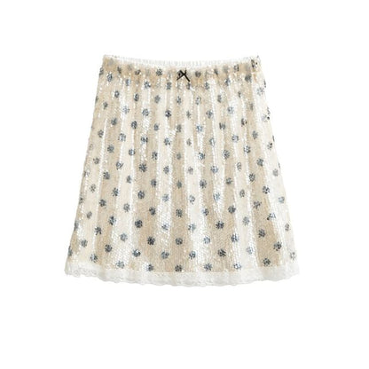 Mid Rise Sequined Dotted Mini A-Line Skirt