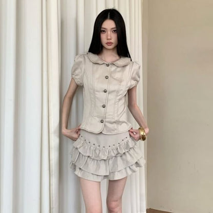 Short Sleeve Collared Contrast Stitch Blouse / High Waist Studded Tiered Mini A-Line Skirt