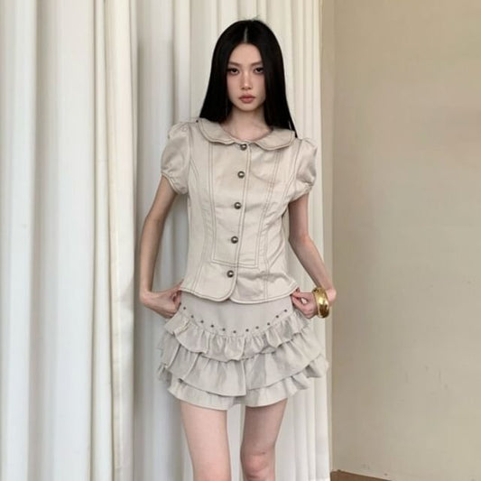 Short Sleeve Collared Contrast Stitch Blouse / High Waist Studded Tiered Mini A-Line Skirt