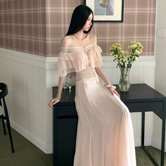Short Sleeve Off Shoulder Plain Ruffle Tiered Panel Lace Blouse / Mid Rise Maxi A-Line Skirt