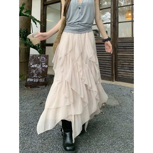 Mid Rise Plain Ruffle Asymmetrical Maxi A-Line Skirt